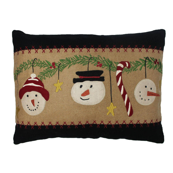 Snowmen Fun Pillow 14" x 20" – Wool Felt Christmas Lumbar