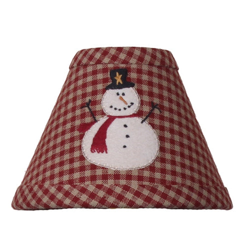 Snowberry Snowman Lampshade in barn red gingham fabric featuring a snowman applique displayed on a black spindle candle lamp.