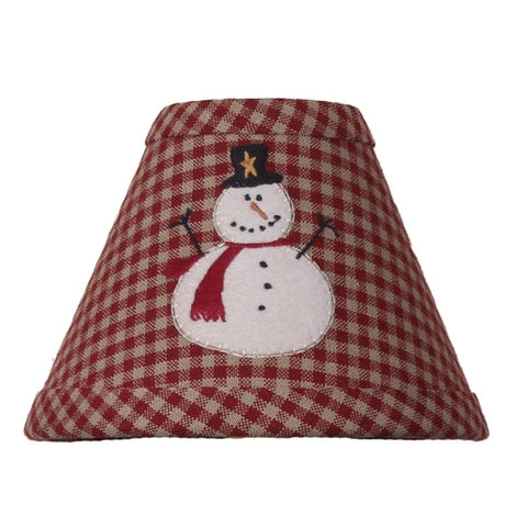 Snowberry Snowman Lampshade in barn red gingham fabric featuring a snowman applique displayed on a black spindle candle lamp.
