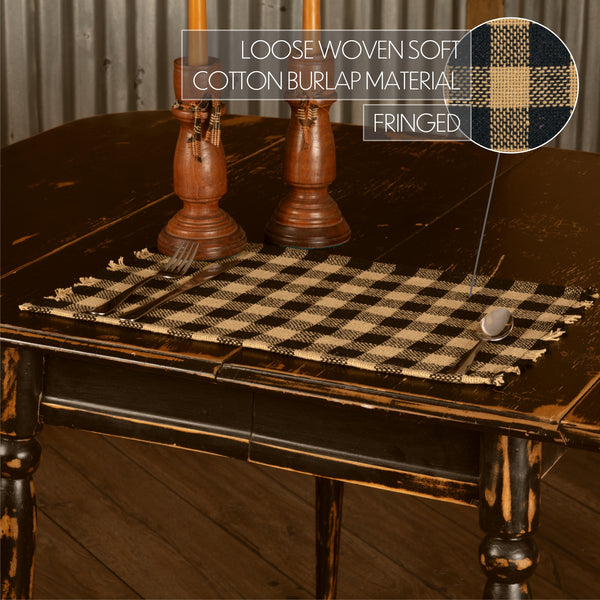 Burlap Black Check Placemat Fringed Set of 6 12x18