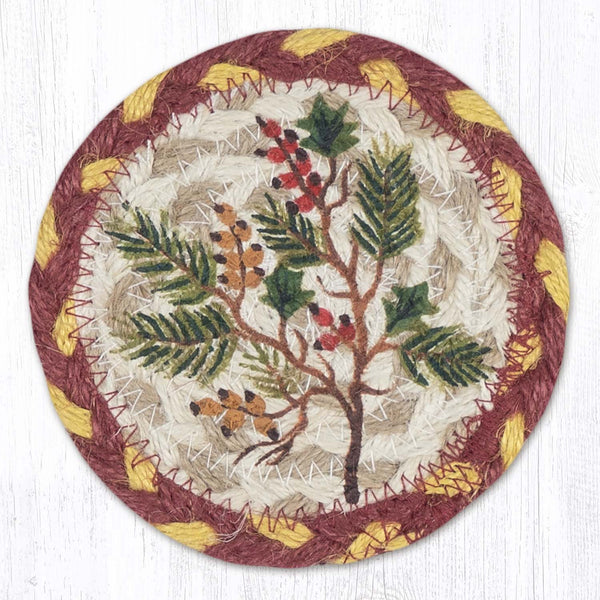 IC-357 Berries Evergreen Holly Printed Coaster 5"x5"