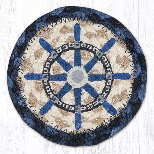 IC-443 Nautical White Ship Wheel Printed Coaster 5"x5"