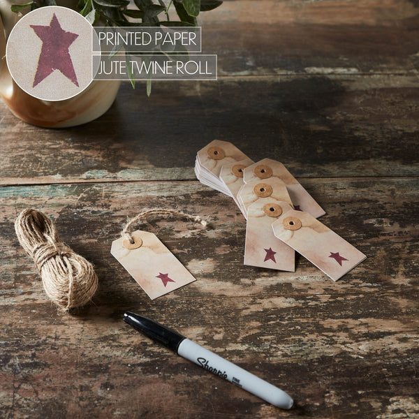 Primitive Star Tea Stained Paper Tag Burgundy 2.75x1.5 w/ Twine Set of 50