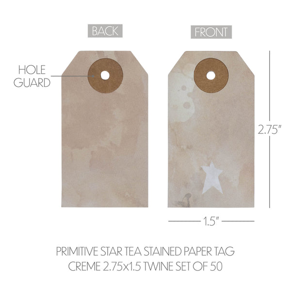 Primitive Star Tea Stained Paper Tag Creme 2.75x1.5 w/ Twine Set of 50