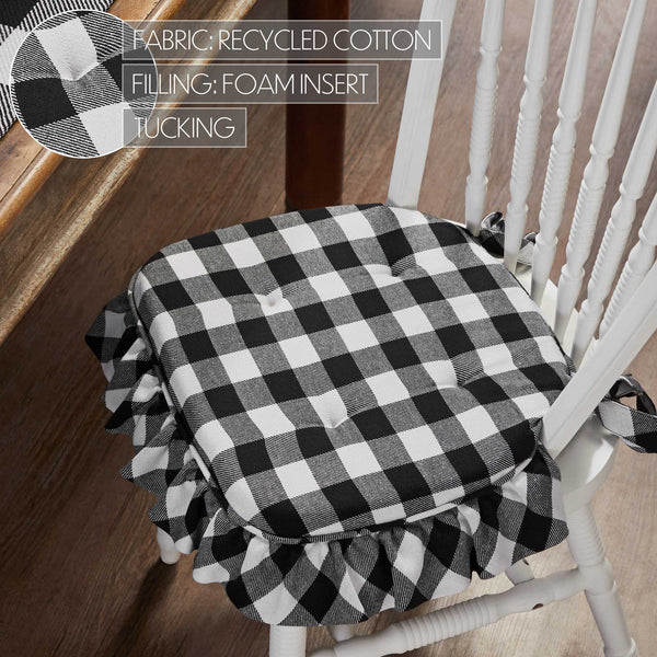 Annie Black White Ruffled Check Farmhouse Country Chair Pad 15.5x17 - VHC Brands