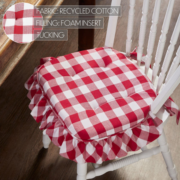 Annie Red White Ruffled Check Farmhouse Country Chair Pad 15.5x17 - VHC Brands