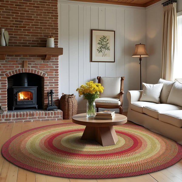 Cider Barn round braided jute rug in barn red, tan, and green-gold accents by a brick fireplace