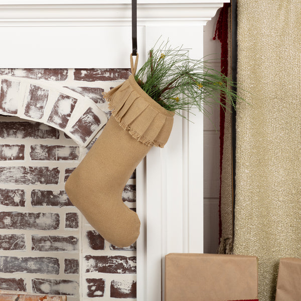 The Festive Natural Burlap Ruffled Stocking 11x15 is unadorned and waiting your personal touch. Featuring layered ruffles on the cuff and lined in natural shade taffeta for added durability.