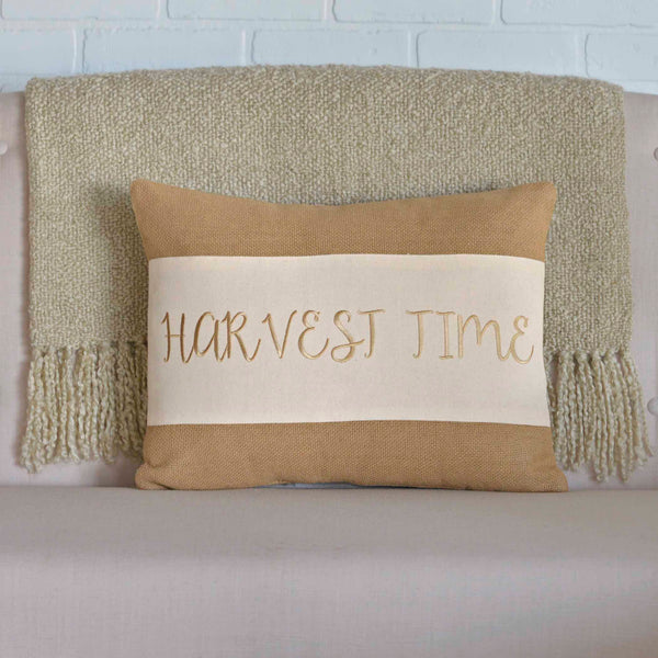 The Harvest Time Pillow 14x18 comes filled and is a soft natural cotton burlap with a creme cotton canvas. The wording is shown across the appliqued strip in the center.