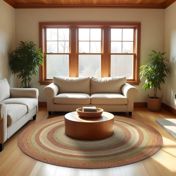 Harvest Beige round braided jute rug in beige with red, olive green and golden yellow accents in a farmhouse room