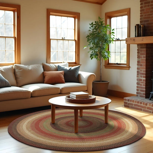 Gingerbread brown round braided jute rug with red and tan accents beside a brick fireplace