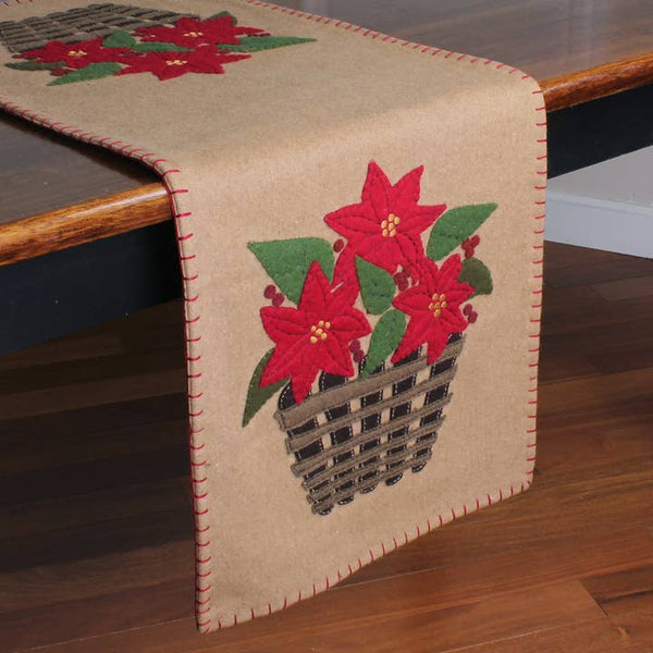 Poinsettia Basket Table Runner featuring red poinsettia flowers in woven baskets on a tan background with blanket stitch edging.