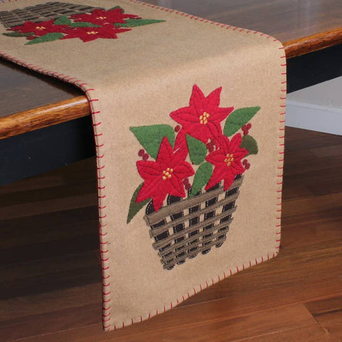 Poinsettia Basket Table Runner featuring red poinsettia flowers in woven baskets on a tan background with blanket stitch edging.