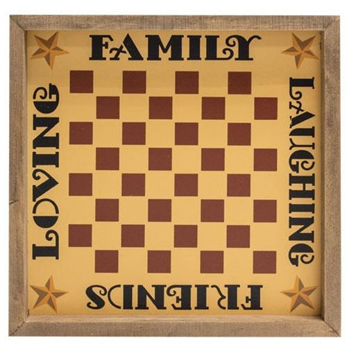 Family Checkerboard Frame is a vintage inspired sign with a checkerboard design. It is made of wood and features five-point star designs and the words, "faith, family, loving, friends" in black lettering