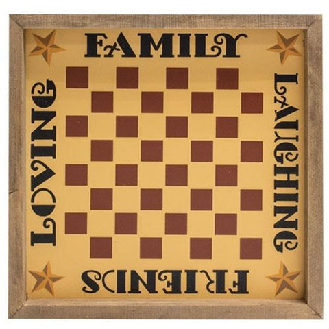 Family Checkerboard Frame is a vintage inspired sign with a checkerboard design. It is made of wood and features five-point star designs and the words, "faith, family, loving, friends" in black lettering