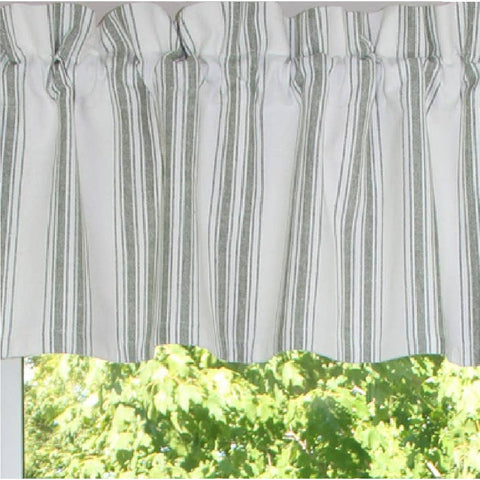 Grain Sack Sage Valance  Perfect for Farmhouse, Shabby Chic or Traditional décor, the Grain Sack Stripe Sage Valance adds simple charm to any window. Made of 100% cotton and measures 72"x 15.5". Coordinates also available. Dry clean.