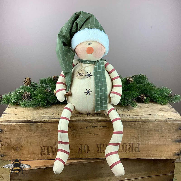 Lisa 25th Anniversary Snowman figurine by Honey and Me, rustic fabric and metal holiday décor
