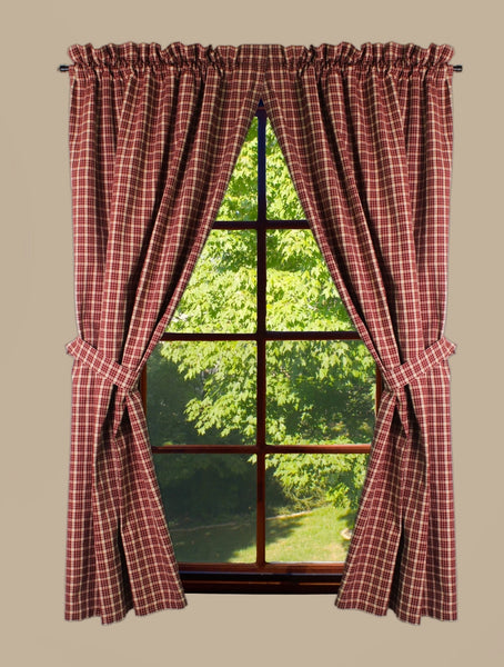 Appleton Barn Red plaid 63-inch lined curtain panels in red and tan with coordinating tiebacks for country farmhouse windows