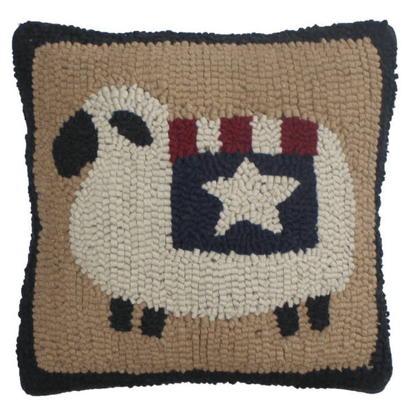 Liberty Sheep Hooked Pillow 14x14 Primitive Patriotic Accent Pillow