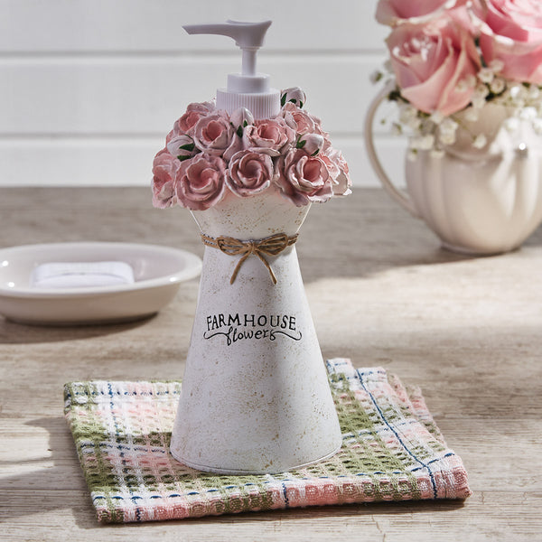 The<span>&nbsp;</span><strong>Farmhouse Peonies Dispenser</strong><span>&nbsp;</span>is very elegantly designed! The colors of country rose, sage, and candlelight white combine to create a lovely flower pot with beautiful peonies! Pair with the coordinating items in this collection for a complete look (each sold separately).