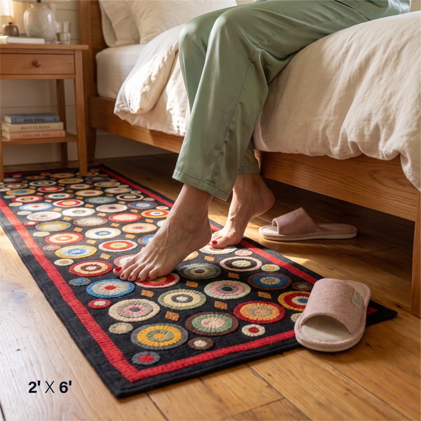 Coin Multicolor Wool Felt Primitive Runner Rug – 2' x 6'