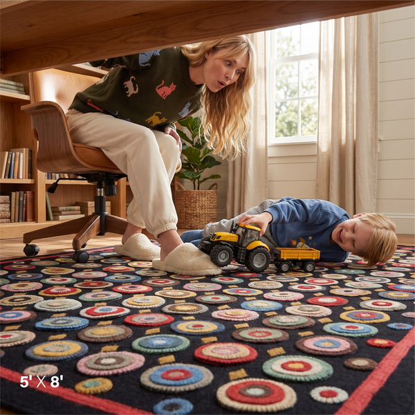 Coin Multicolor Wool Felt Primitive Area Rug – 5' x 8'