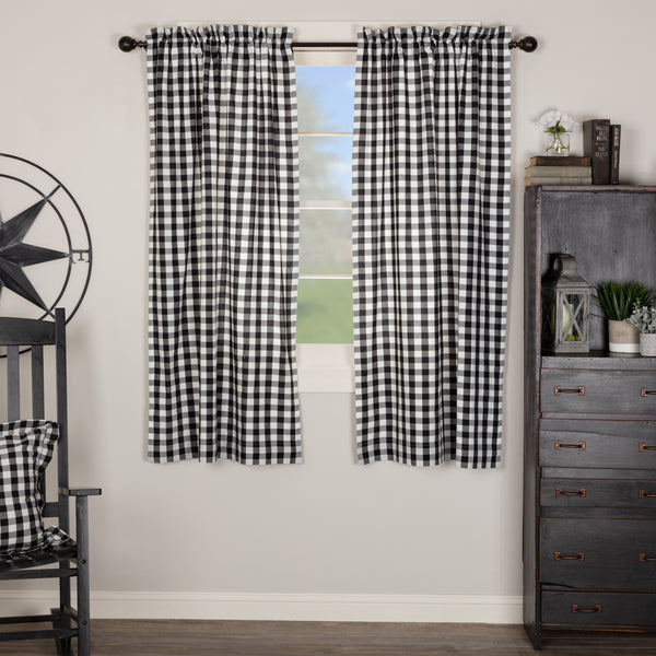 Add charm with the Annie Buffalo Black Check Short Panels, 63x36. Black and White Lined Cotton. Farmhouse Country Window Treatment