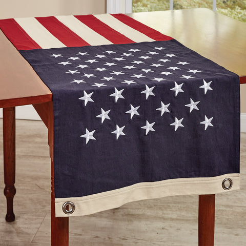 This Star Spangled Table Runner/Swag will stylishly help you display your love for your country! As a table runner or drapery it will give your room a complete patriotic look! Featuring the design of the USA flag in red, white, and blue.  DIMENSIONS: 13'' X 72''