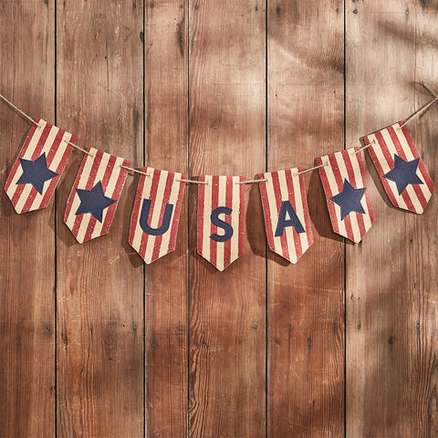 Our Star Spangled USA Banner will stylishly help you display your love for your country! Use to decorate any space complete patriotic look! Features stars and stripes with the letters USA. DIMENSIONS: 9" X 60"