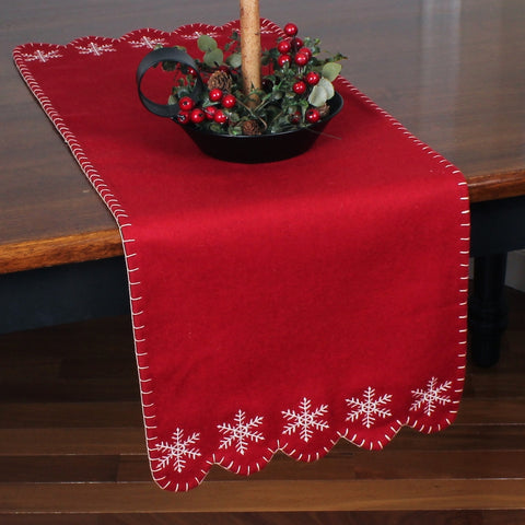 Red Snowflake Table Runner featuring embroidered snowflakes, scalloped snowflake border, and blanket stitching, perfect for farmhouse, primitive, and Christmas table décor.