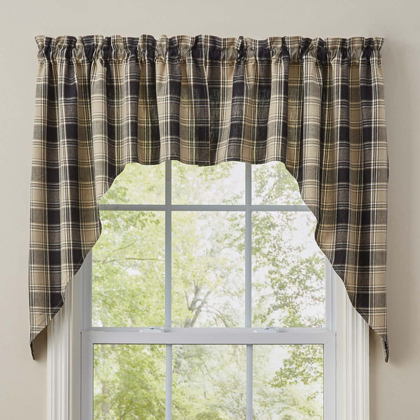 The deep black and sand brown large plaid fabric of the Soapstone Swags in colors of black, sandy brown and cream will give your windows that country farmhouse appeal!
