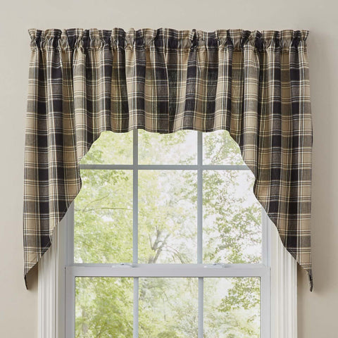 The deep black and sand brown large plaid fabric of the Soapstone Swags in colors of black, sandy brown and cream will give your windows that country farmhouse appeal!