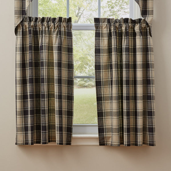 The deep black and sand brown large plaid fabric of the Soapstone Tiers in colors of black, sandy brown and cream, will give your windows that country farmhouse appeal!