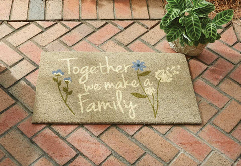 Our Together We Make Doormat will liven up your entryway and add warm welcome to your home.  Features blue and white flowers with the words Together We Make a Family.  Made from all-natural fibers and hand painted sentiment in colorfast dyes, this doormat is durable and skid resistant. It will be the perfect addition to your decor that can be used all year.  Measures 18" X 30" Made from natural fibers, hand printed with colorfast non-toxic dyes Durable, mildew and skid resistant