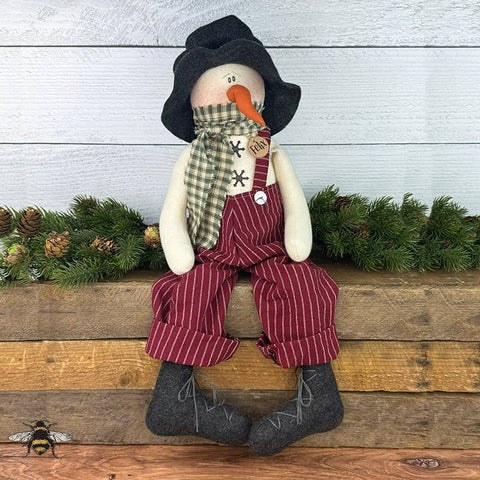 "Felix the Curly Nose Snowman figurine in festive overalls – rustic primitive holiday décor by Honey and Me"