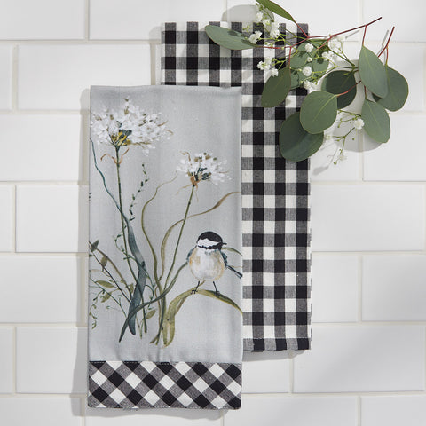 Bouquet Of Grace 2 Dishtowel Set, featuring printed fresh flowers with a Chickadee bird and a black and white check bottom edge as a perfect finishing touch! 