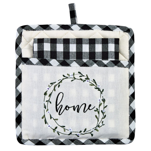 Accent your country-inspired home decor with the Bouquet Of Grace Pocket Potholder Set. The potholder features a white background with a beautiful circle of flowers and the word "home", accented by a black and white checked bor