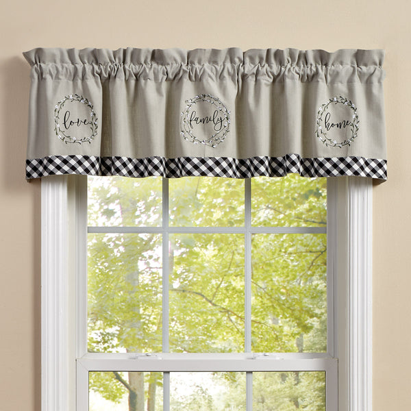 Bouquet Of Grace Patch Valance features a dove gray background with three circles of flowers (love, family, home), accented by a black and white bord