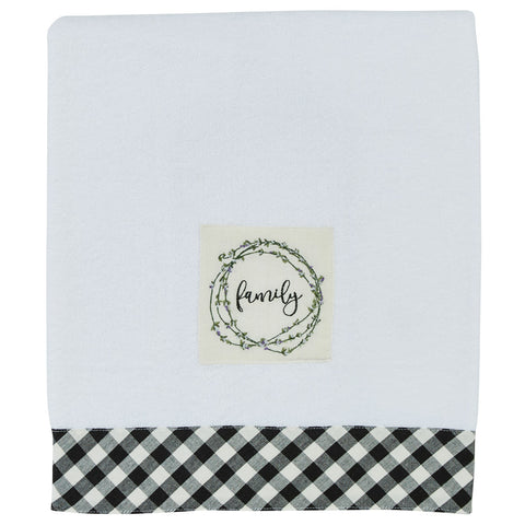 Bouquet Of Grace Terry Bath Towel features a soft, neutral white color that is accented by a black & white checked border. The wording "family" with the circle of flowers gives it added style & grace!
