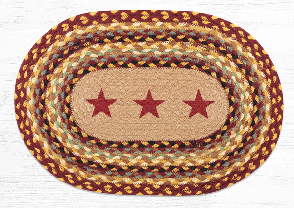 PM-OP-357 Burgundy Stars Oval Placemat 13"x19" Burgundy, warm tan, black, and natural jute brown