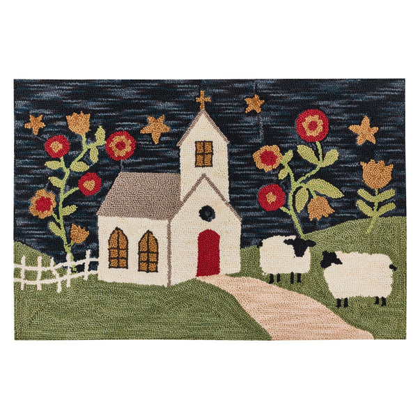 Chapel On The Hill Hooked Rug 2x3 | Primitive Church & Sheep Accent Rug