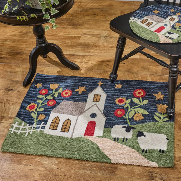Chapel On The Hill Hooked Rug 2x3 | Primitive Church & Sheep Accent Rug