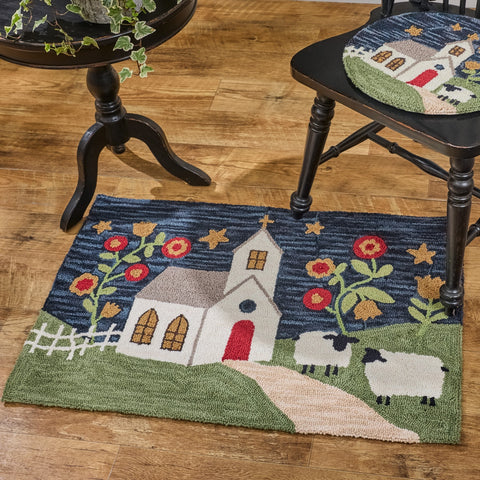 Chapel On The Hill Hooked Rug 2x3 | Primitive Church & Sheep Accent Rug