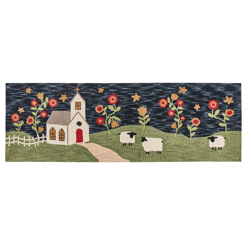 Chapel On The Hill primitive hooked rug runner featuring a country church, sheep, flowers and starry night sky in navy, green and cream colors.
