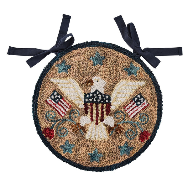 Sweet Land of Liberty Hooked Chair Pad – Patriotic Primitive Chair Cushion 14.5” Round - Due Back July 2026