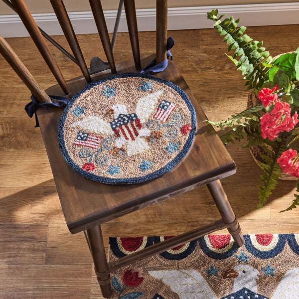 Sweet Land of Liberty Hooked Chair Pad – Patriotic Primitive Chair Cushion 14.5” Round - Due Back July 2026