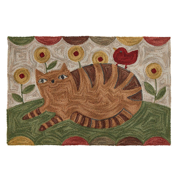 Cheshire Cat Hooked Rug 2x3 | Primitive Floral Accent Rug