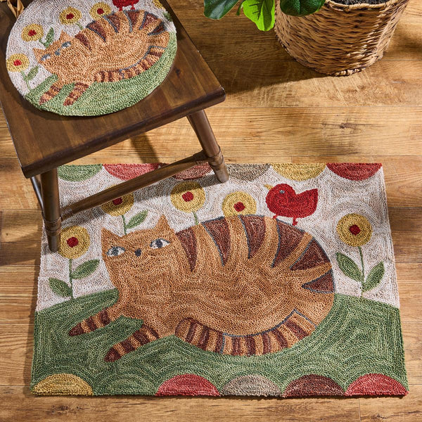 Cheshire Cat Hooked Rug 2x3 | Primitive Floral Accent Rug