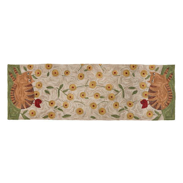 Cheshire Hooked Rug Runner 2x6 – Whimsical Floral & Cat Design