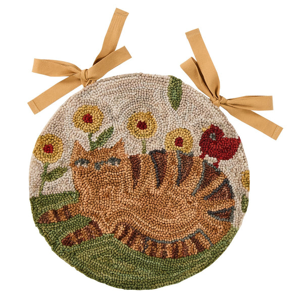 Cheshire Cat Hooked Chair Pad | Primitive Floral Round Seat Pad